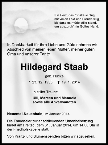 Traueranzeige von Hildegard Staab von HNA