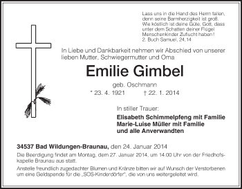 Traueranzeige von Emilie Gimbel von HNA