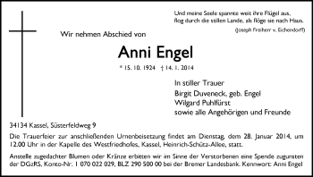 Traueranzeige von Anni Engel von HNA