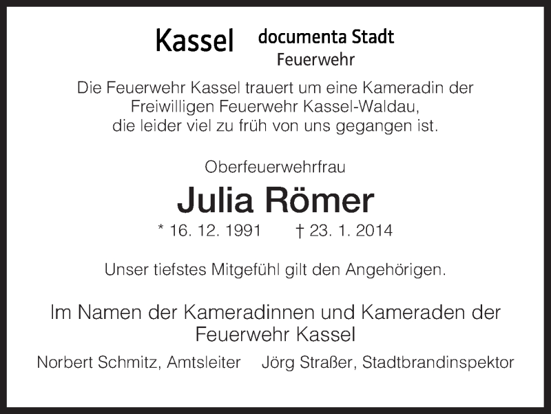  Traueranzeige für Julia Römer vom 28.01.2014 aus HNA