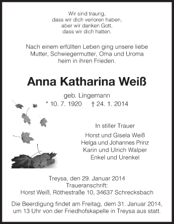 Traueranzeige von Anna Katharina Weiß von HNA