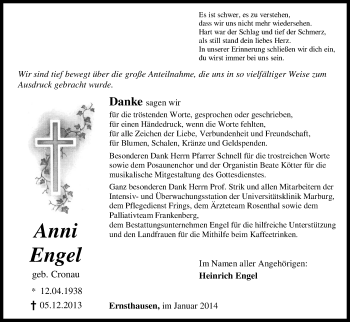 Traueranzeige von Anni Engel von HNA