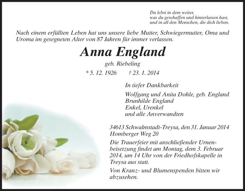  Traueranzeige für Anna England vom 31.01.2014 aus HNA