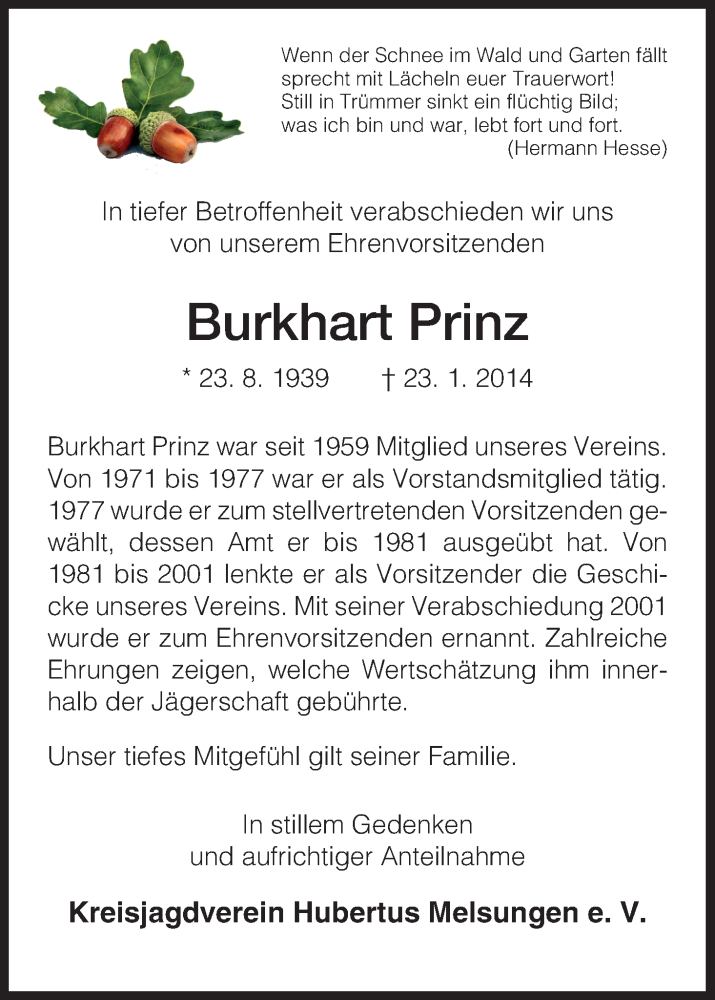  Traueranzeige für Burkhart Prinz vom 27.01.2014 aus HNA