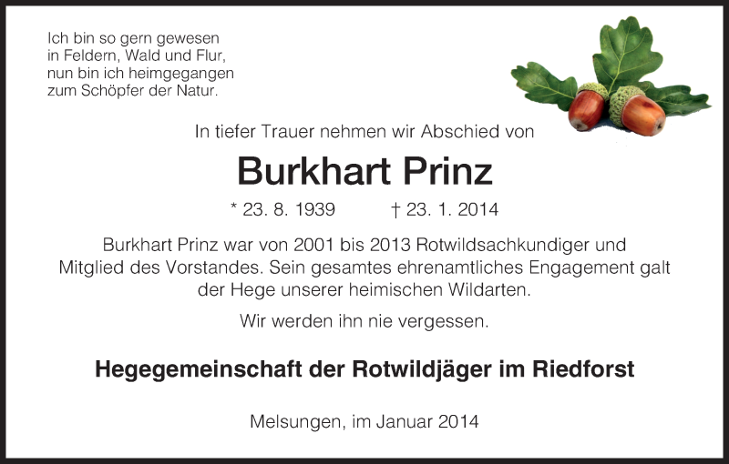  Traueranzeige für Burkhart Prinz vom 27.01.2014 aus HNA
