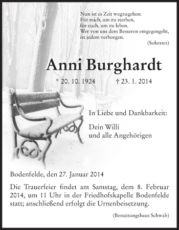 Traueranzeige von Anni Burghardt von HNA