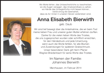 Traueranzeige von Anna Elisabeth Bierwirth von HNA