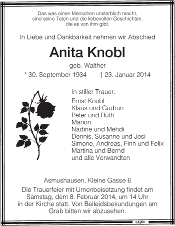 Traueranzeige von Anita Knobl von HNA