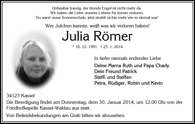  Traueranzeige für Julia Römer vom 28.01.2014 aus HNA
