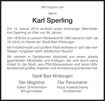 Traueranzeige von Karl Sperling von HNA