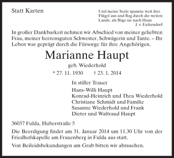 Traueranzeige von Marianne Haupt von HNA
