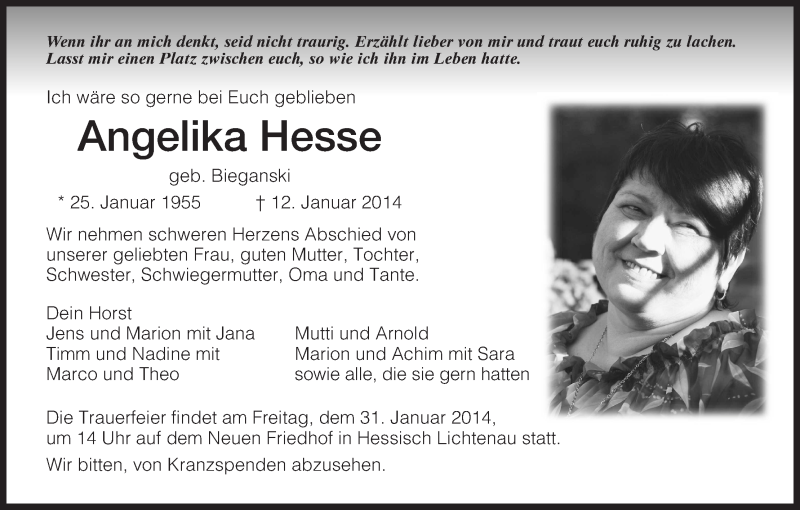  Traueranzeige für Angelika Hesse vom 29.01.2014 aus HNA