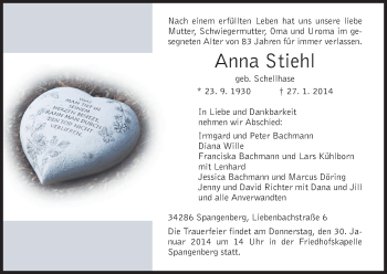 Traueranzeige von Anna Stiehl von HNA
