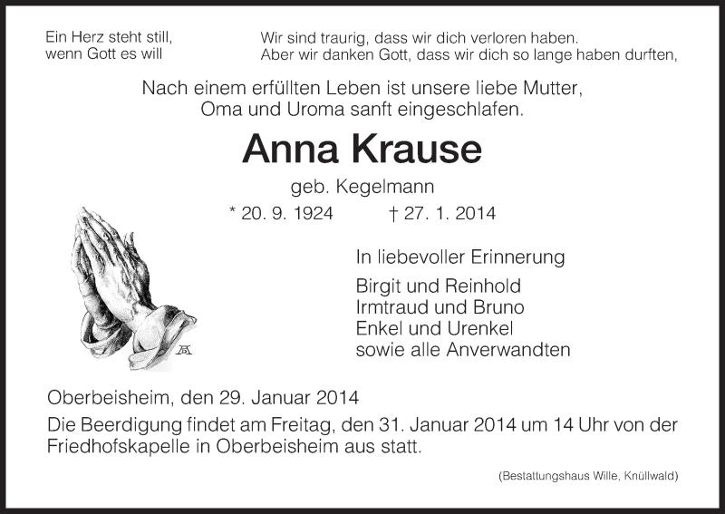  Traueranzeige für Anna Krause vom 29.01.2014 aus HNA