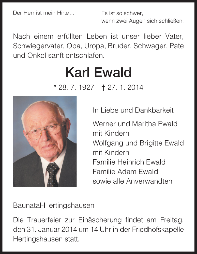  Traueranzeige für Karl Ewald vom 29.01.2014 aus HNA