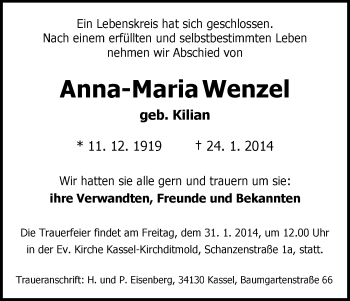 Traueranzeige von Anna-Maria Wenzel von HNA