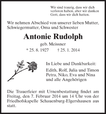 Traueranzeige von Antonie Rudolph von HNA