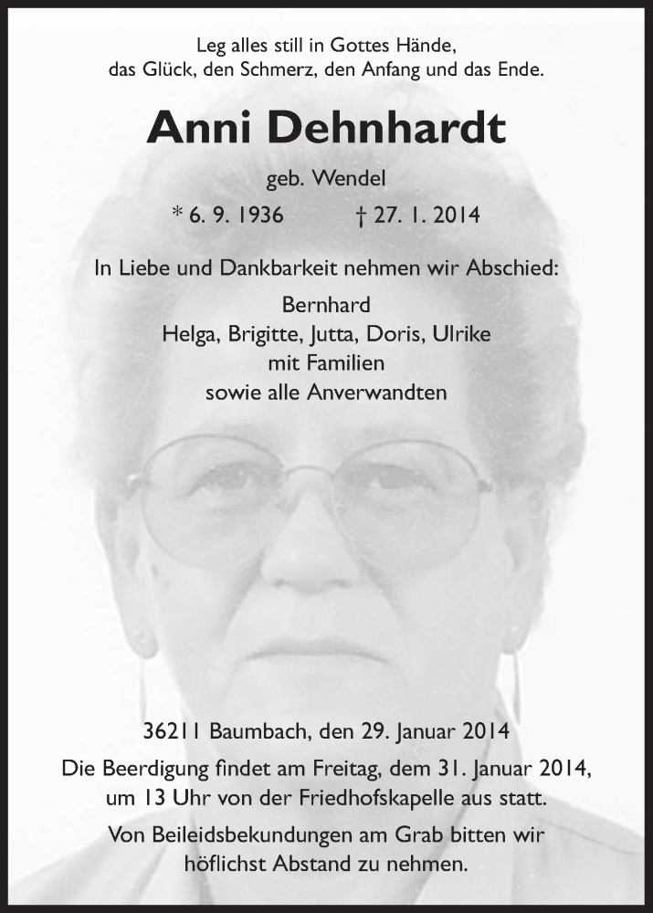  Traueranzeige für Anni Dehnhardt vom 29.01.2014 aus HNA