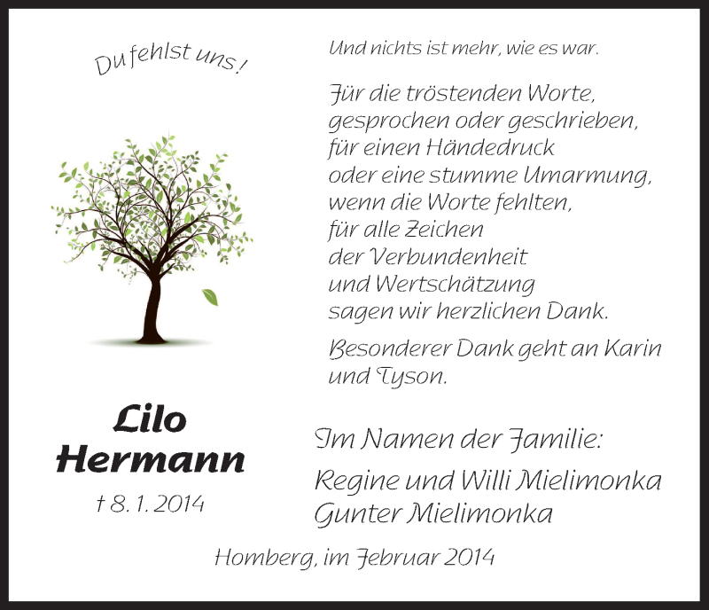 Traueranzeige für Lilo Hermann vom 01.02.2014 aus HNA