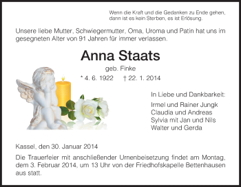Traueranzeige von Anna Staats von HNA