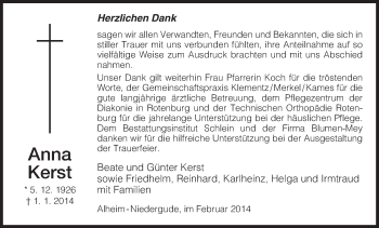Traueranzeige von Anna Kerst von HNA