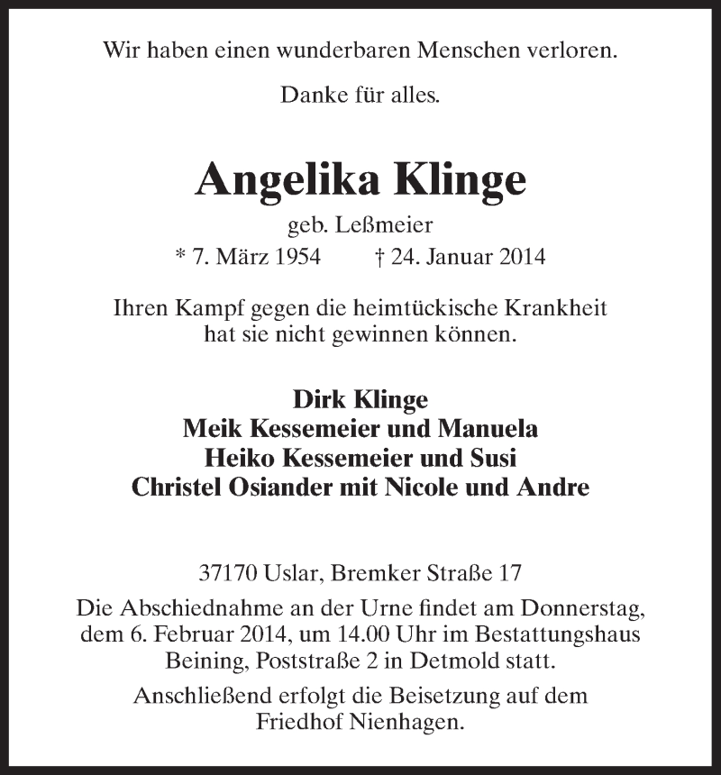  Traueranzeige für Angelika Klinge vom 01.02.2014 aus HNA