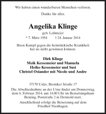 Traueranzeige von Angelika Klinge von HNA