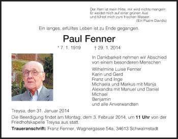 Traueranzeige von Paul Fenner von HNA