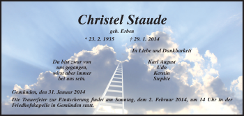 Traueranzeige von Christel Staude von HNA