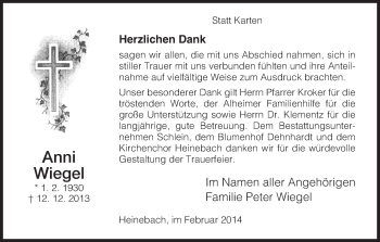 Traueranzeige von Anni Wiegel von HNA