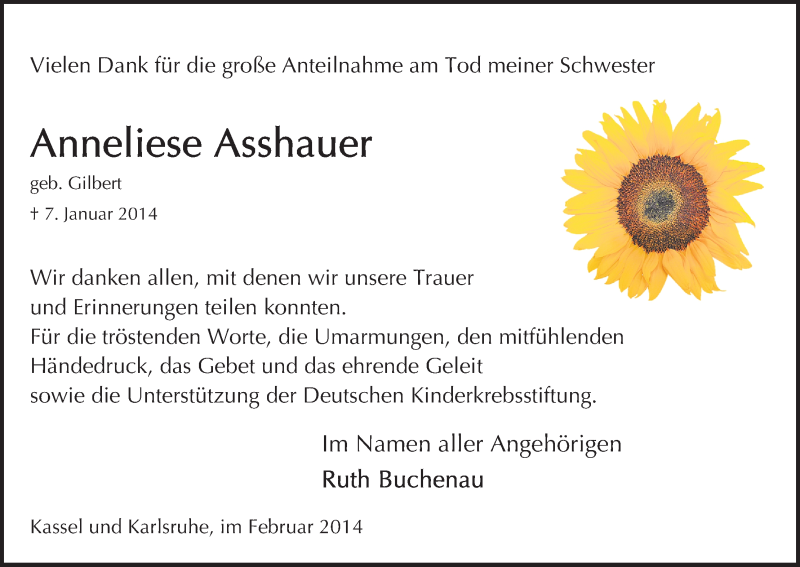  Traueranzeige für Anneliese Asshauer vom 01.02.2014 aus HNA