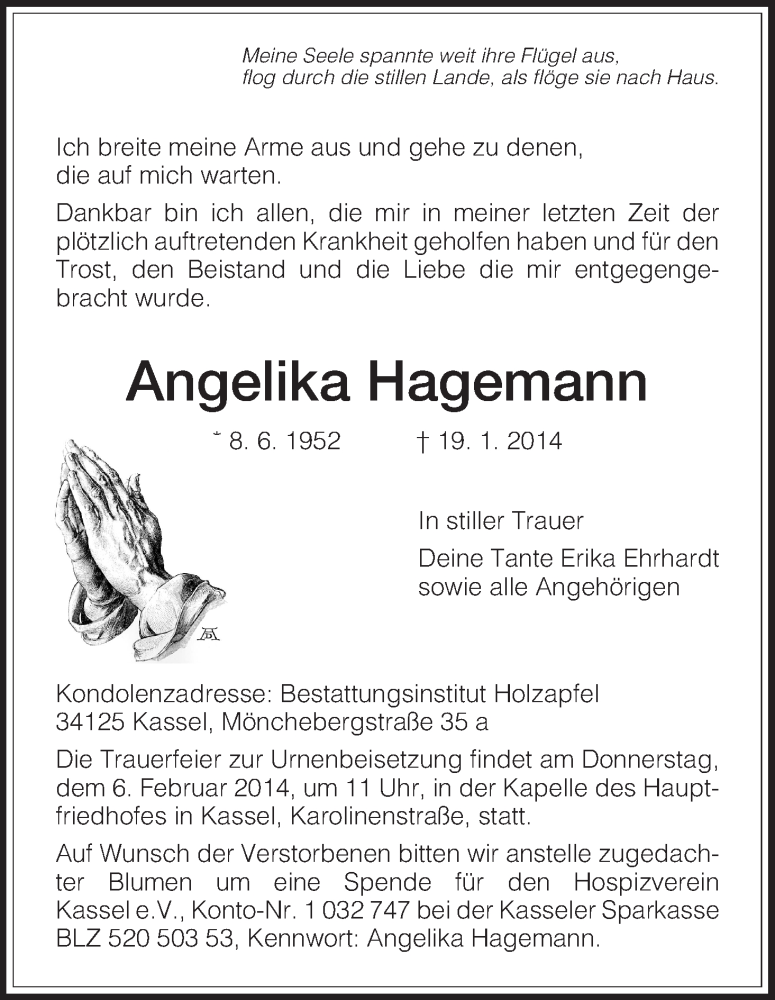  Traueranzeige für Angelika Hagemann vom 03.02.2014 aus HNA