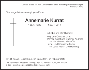Traueranzeige von Annemarie Kurrat von HNA