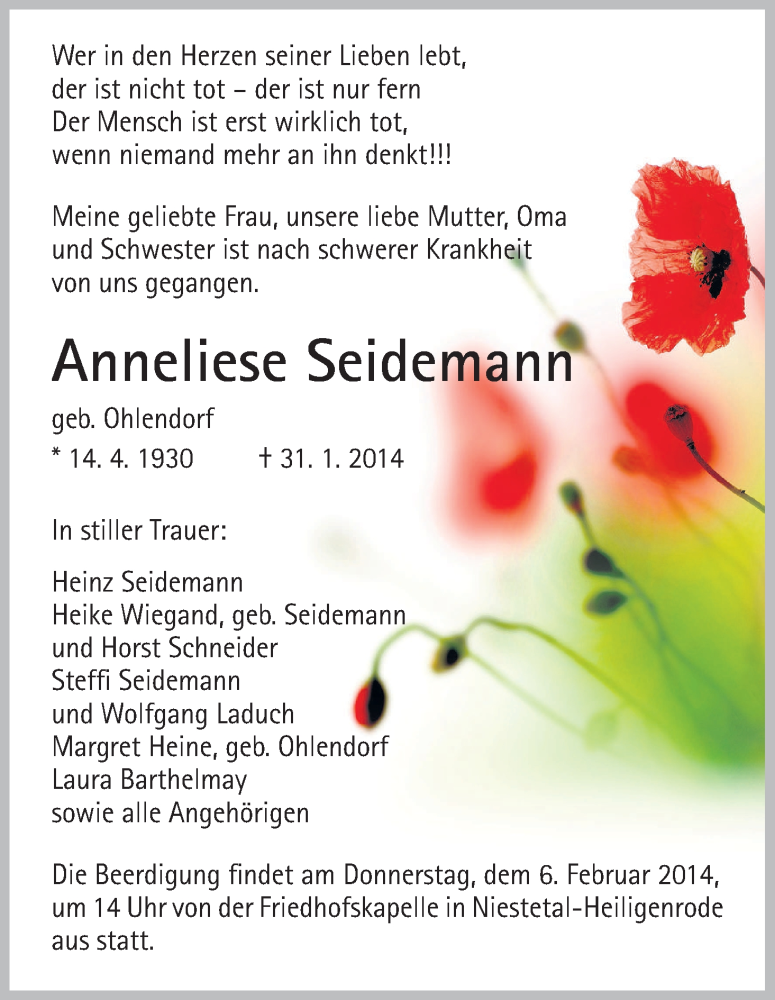  Traueranzeige für Anneliese Seidemann vom 03.02.2014 aus HNA