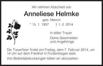 Traueranzeige von Anneliese Helmke von HNA