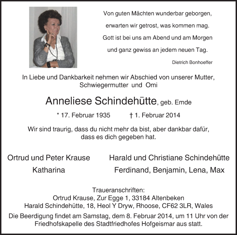  Traueranzeige für Anneliese Schindehütte vom 05.02.2014 aus HNA