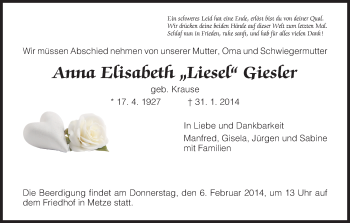 Traueranzeige von Anna Efisabeth Giesler von HNA