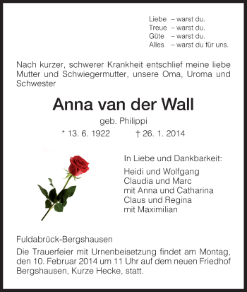 Traueranzeige von Anna van der Wall von HNA