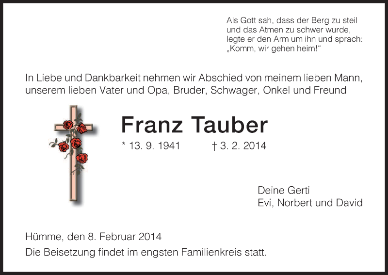  Traueranzeige für Franz Tauber vom 08.02.2014 aus HNA