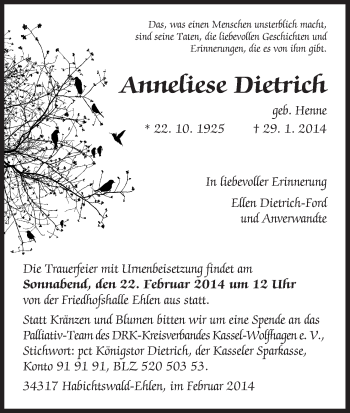Traueranzeige von Anneliese Dietrich von HNA