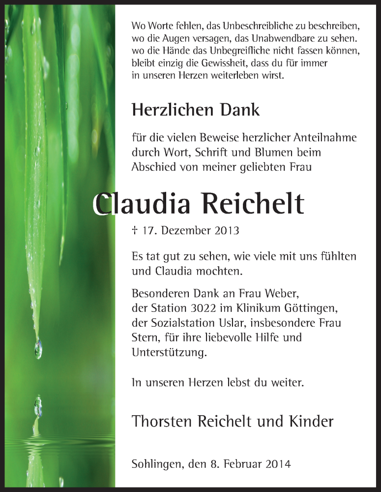 Traueranzeige für Claudia Reichelt vom 08.02.2014 aus HNA
