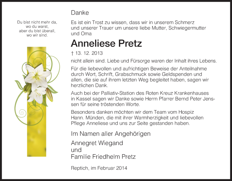  Traueranzeige für Anneliese Pretz vom 08.02.2014 aus HNA