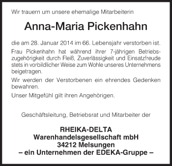 Traueranzeige von Anna-Maria Pickenhahn von HNA