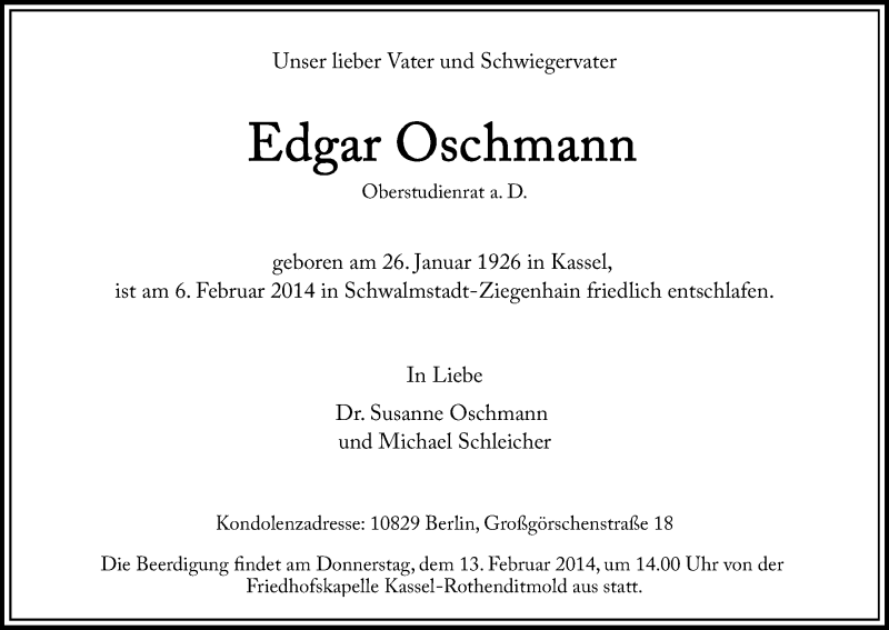  Traueranzeige für Edgar Oschmann vom 10.02.2014 aus HNA