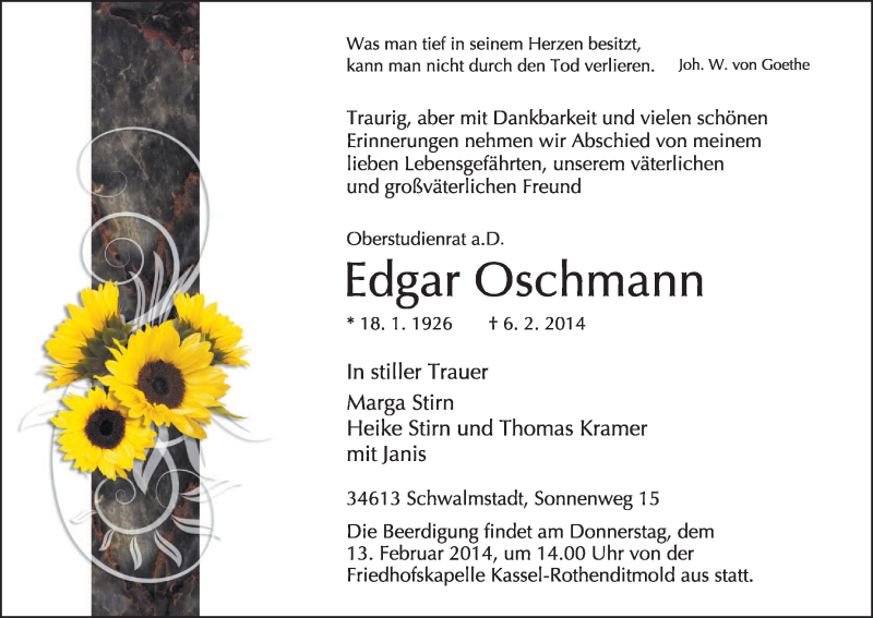  Traueranzeige für Edgar Oschmann vom 10.02.2014 aus HNA