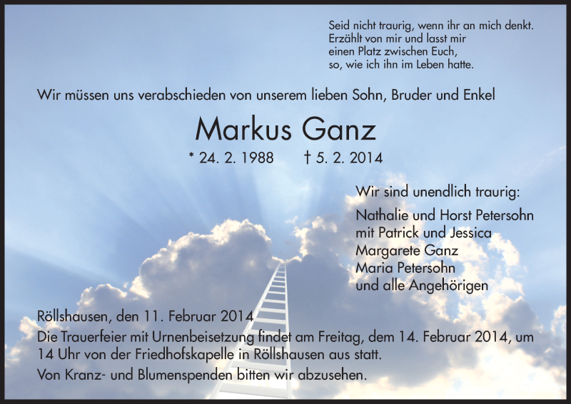 Traueranzeige für Markus Ganz vom 11.02.2014 aus HNA