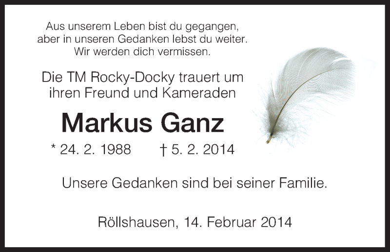  Traueranzeige für Markus Ganz vom 14.02.2014 aus HNA