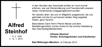 Traueranzeige von Alfred Steinhof von HNA