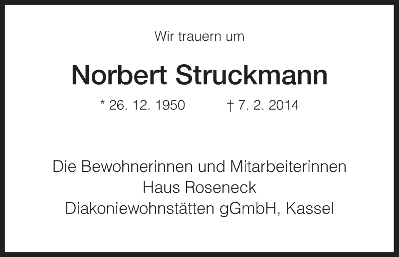  Traueranzeige für Norbert Struckmann vom 14.02.2014 aus HNA