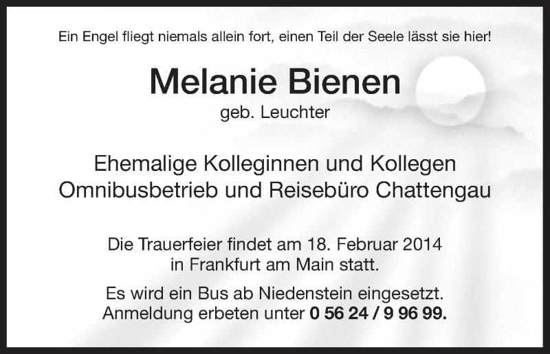  Traueranzeige für Melanie Bienen vom 13.02.2014 aus HNA